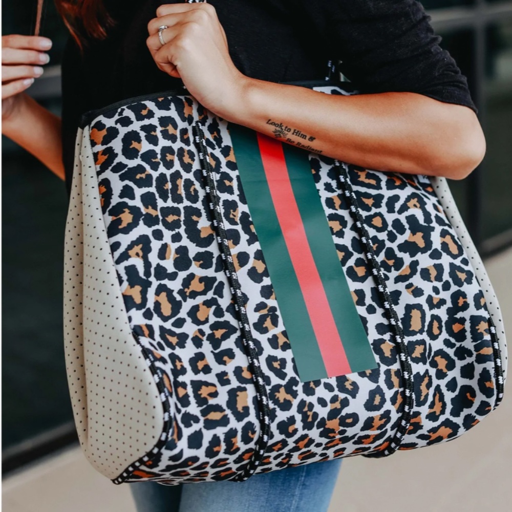 DANA - RED & GREEN STRIPE LEOPARD NEOPRENE BAG